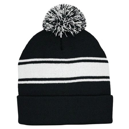 Mega Cap® 5076 Striped Pom Cuff Beanie MC5076 with Embroidery